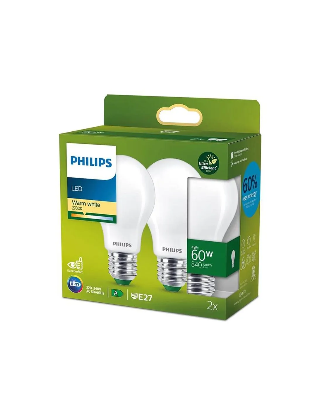 Ampoule LED blanche A60 ultra efficace 4W - 60W Philips | Leonleds.com