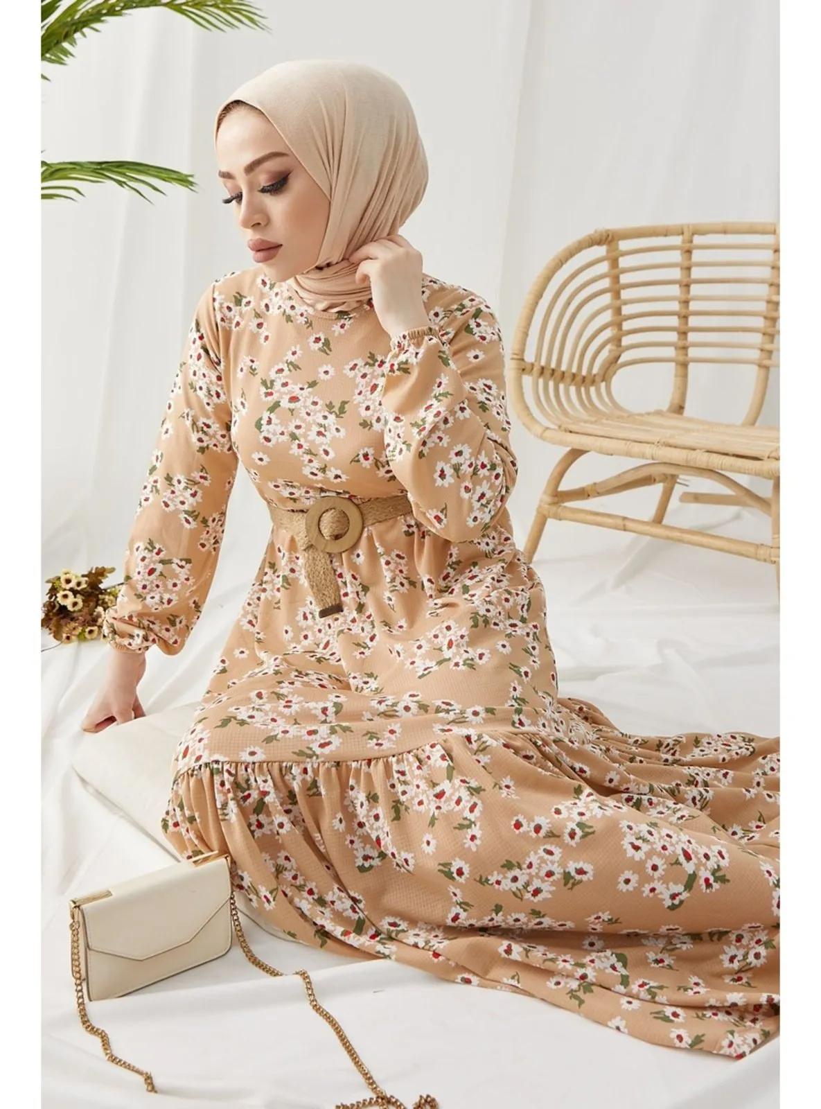 Beige - Modest Dress - In Style