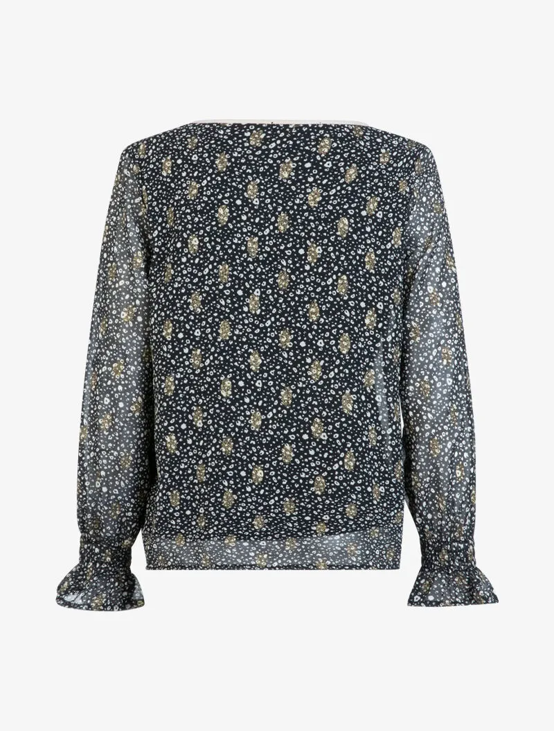 Blouse à imprimé tacheté et feuilles - noir