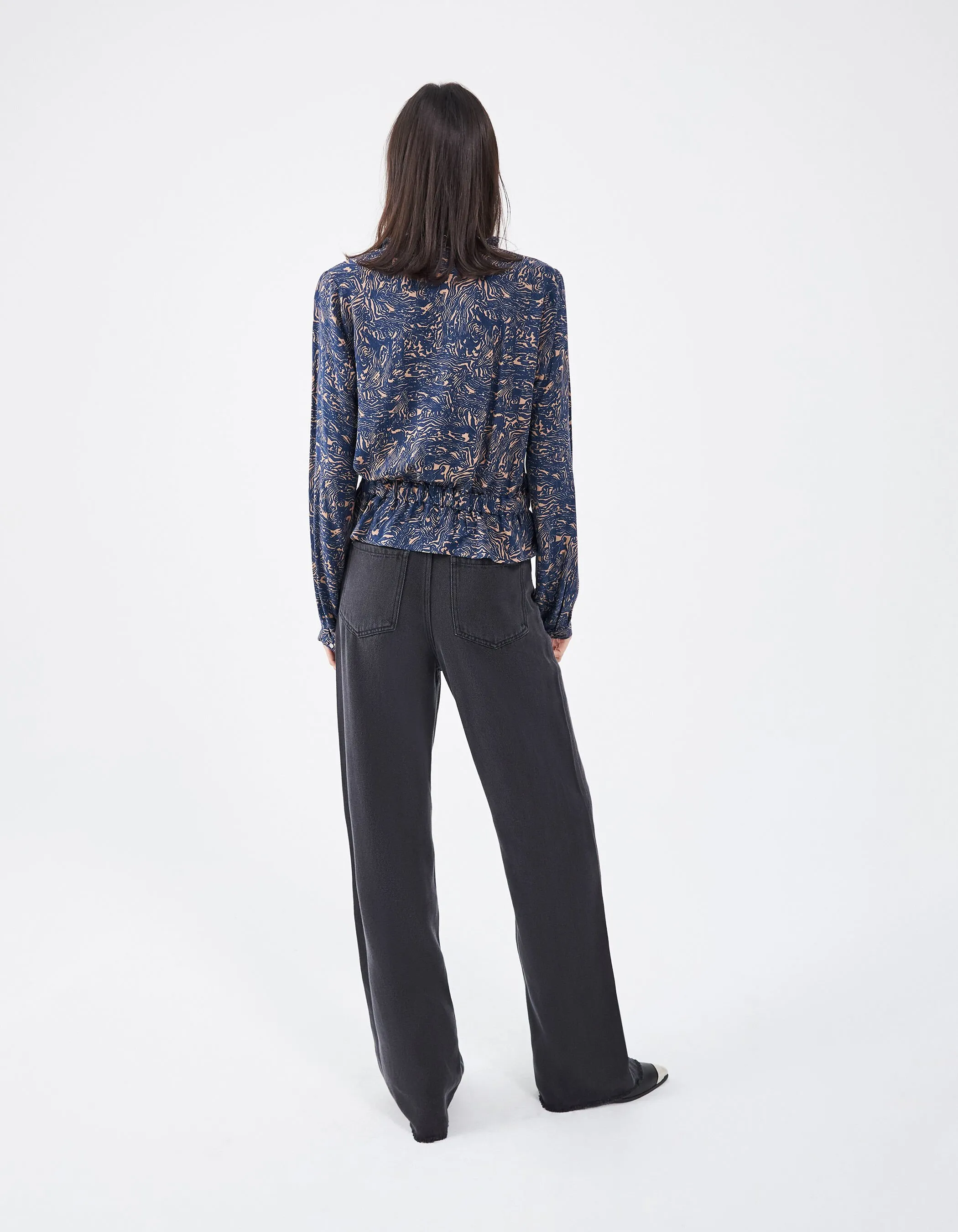 Blouse encolure avec volant imprimée fantaisie femme