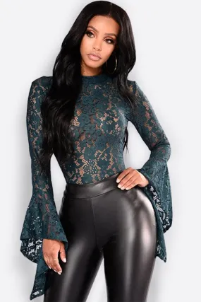 Body Dentelle Manche Longue Vert