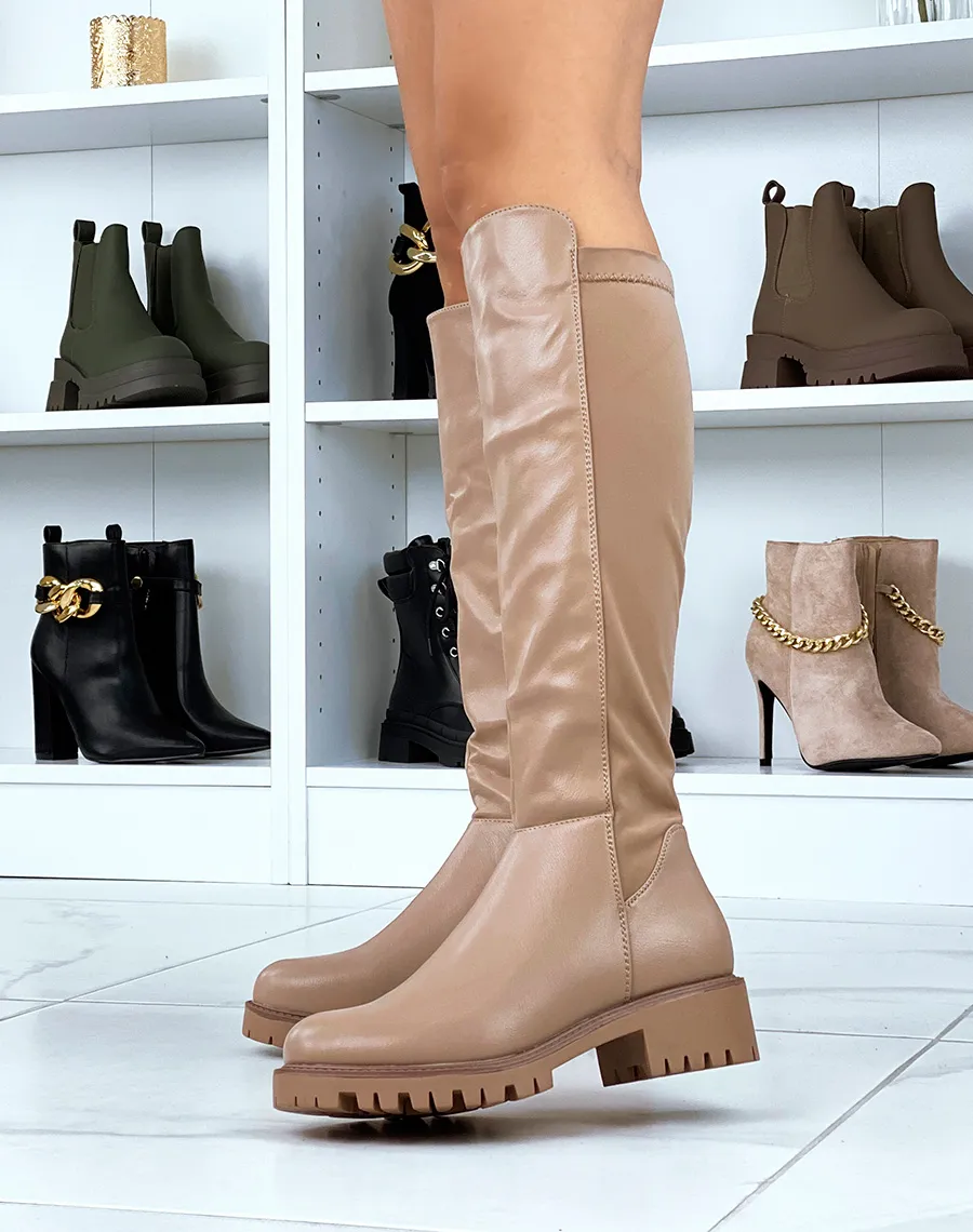 Bottes beige foncé bi-matières effet tissu