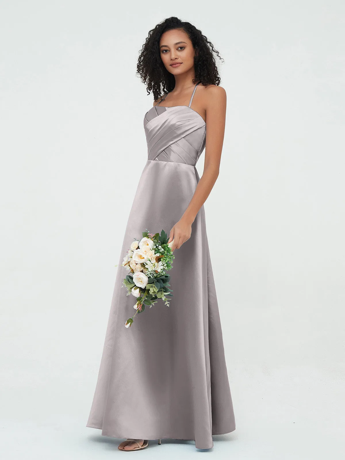 Bretelles Spaghetti Corsage Plissé Robes en Satin Argent