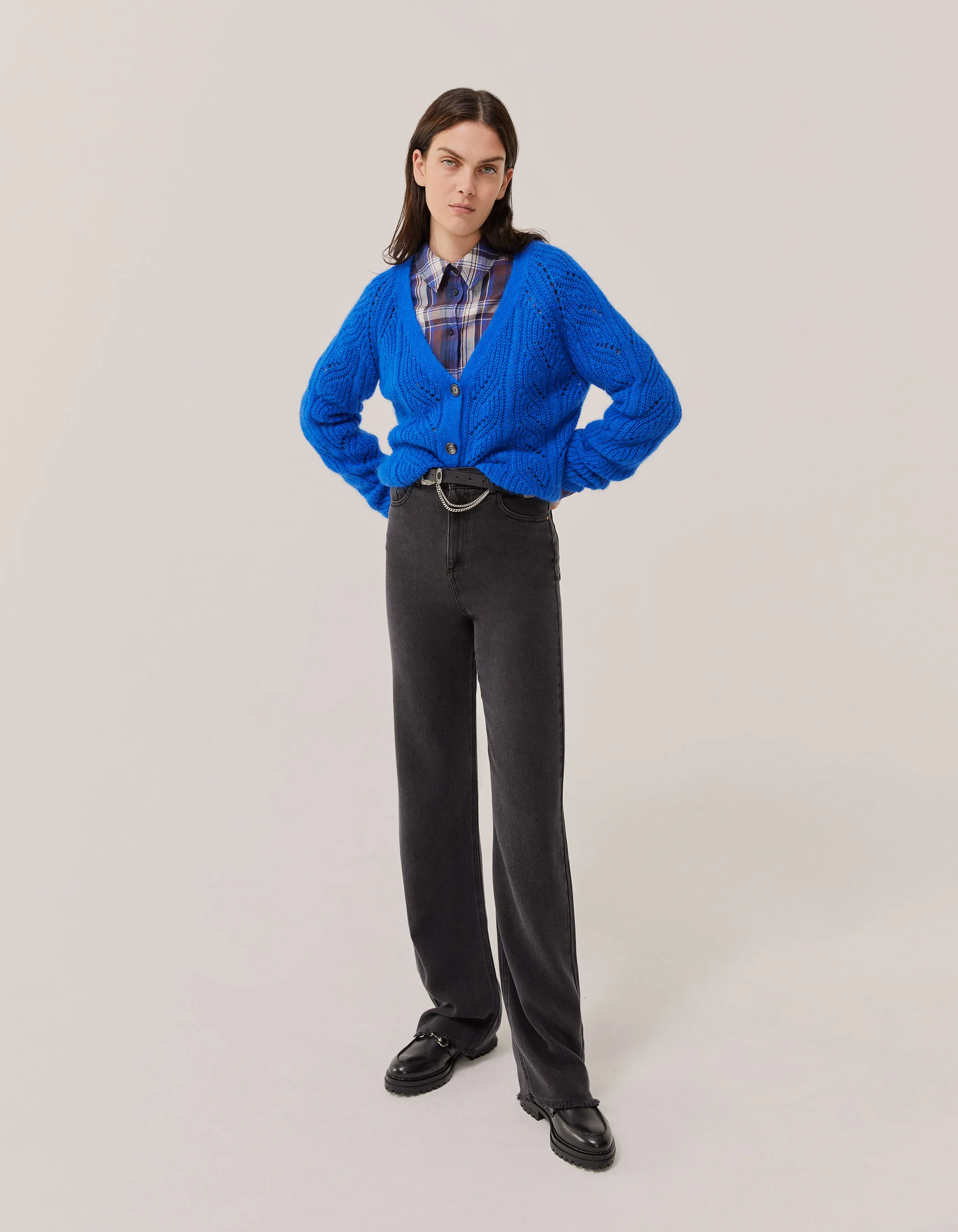 Cardigan bleu maille ajourée femme