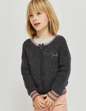 Cardigan gris brodé Smile, lurex au col fille