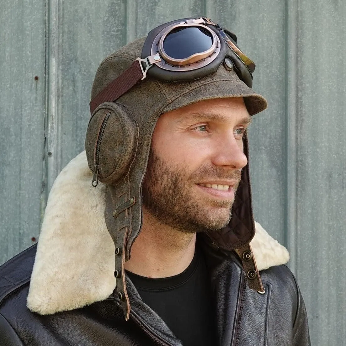 Casque aviateur cuir brun ancien - Modèle William