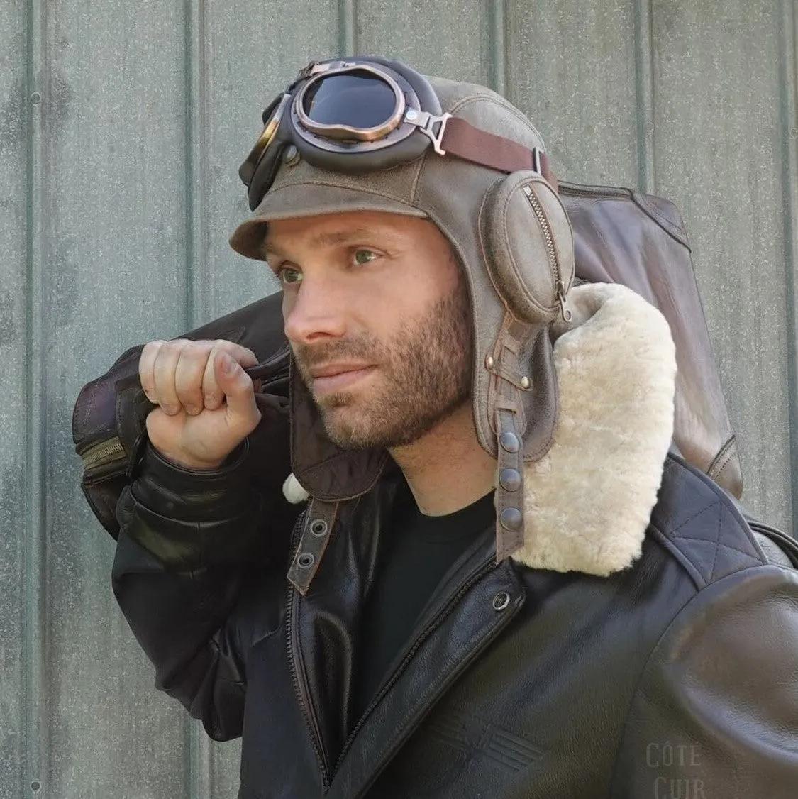 Casque aviateur cuir brun ancien - Modèle William