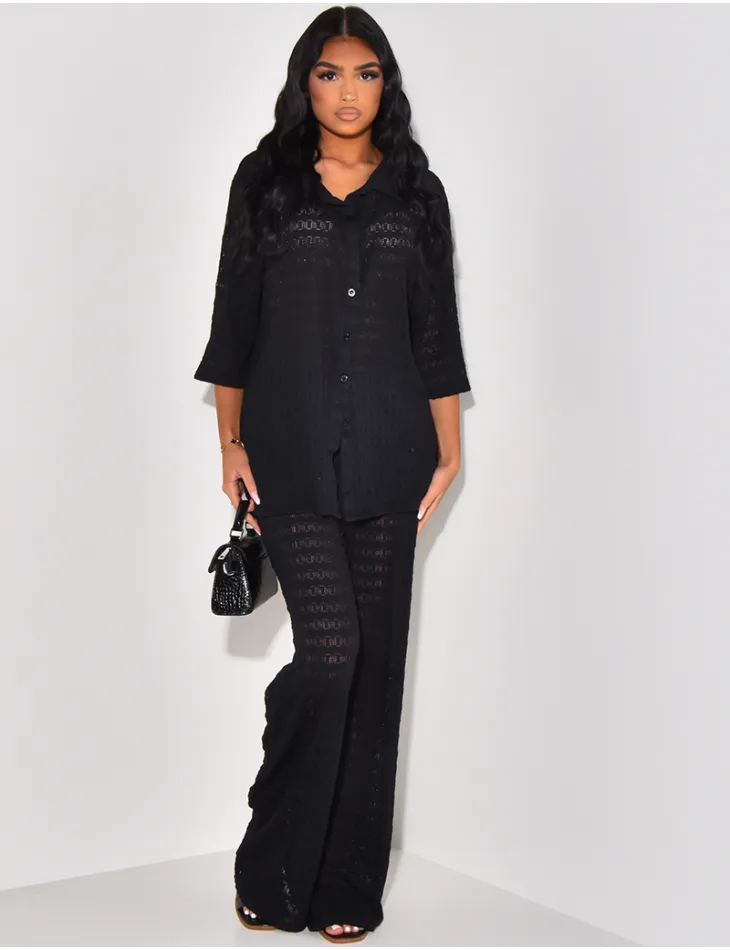 Ensemble pantalon et chemise manches courtes ajouré / 61211 - JEANS INDUSTRY