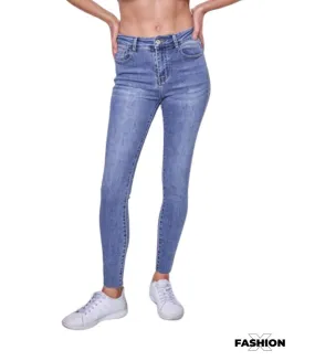 Jean femme slim fit - Strass sur les côtés - Taille haute - Couleur bleach used