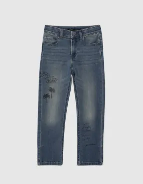 Jean STRAIGHT bleu upcyclé print devant et dos garçon