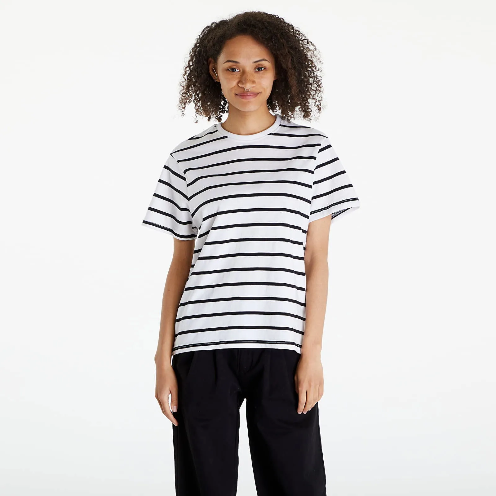 Ladies Striped Boxy Tee Black/ White