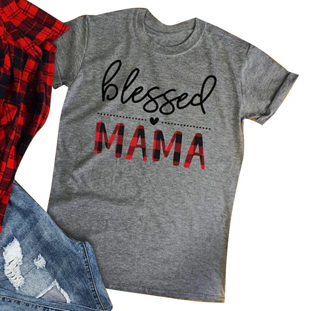 Maman bénie lettre imprimée T-Shirt gris T-Shirt pour femmes décontracté t-shirt ample t-shirt basique