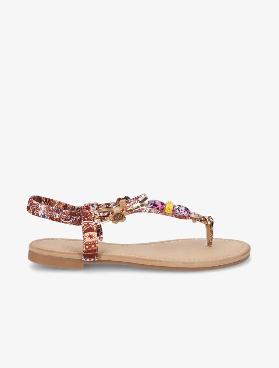 Nu-pieds fleuri à perles - Camel