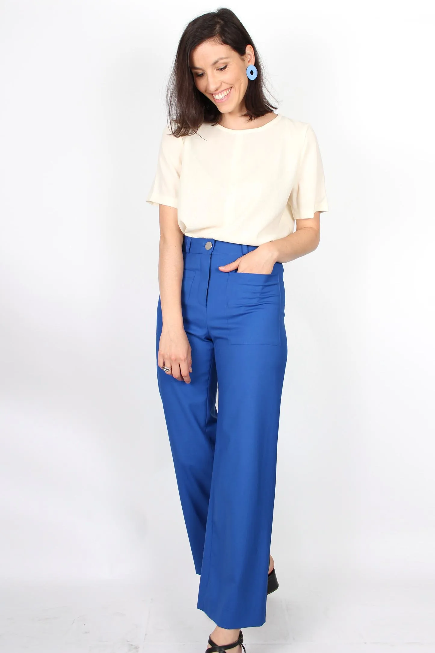 Pantalon bleu roi taille haute 7/8 en laine froide Marie
