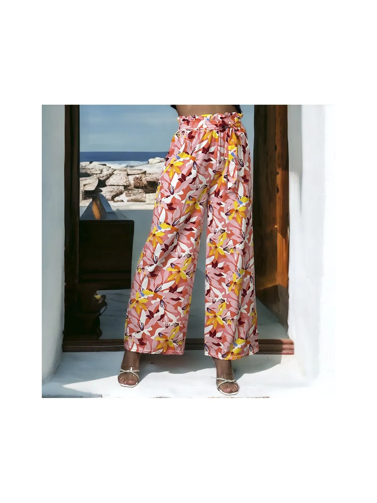 Pantalon palazzo fleuris rose à motif