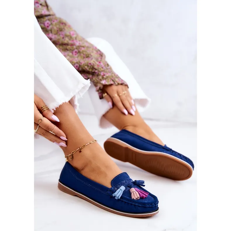 PE1 Mocassins Femme Daim À Franges Bleu Marine Laressa