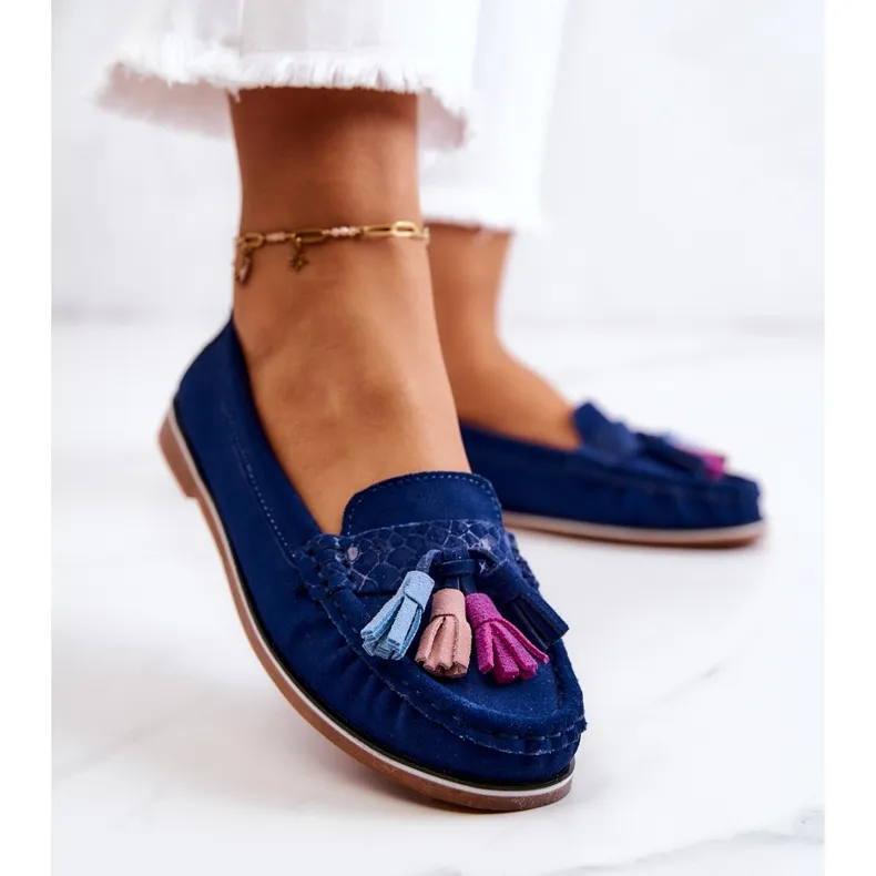 PE1 Mocassins Femme Daim À Franges Bleu Marine Laressa