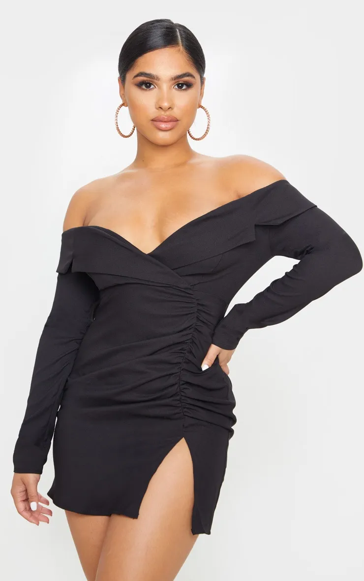 Petite Robe blazer froncée noire à col bardot