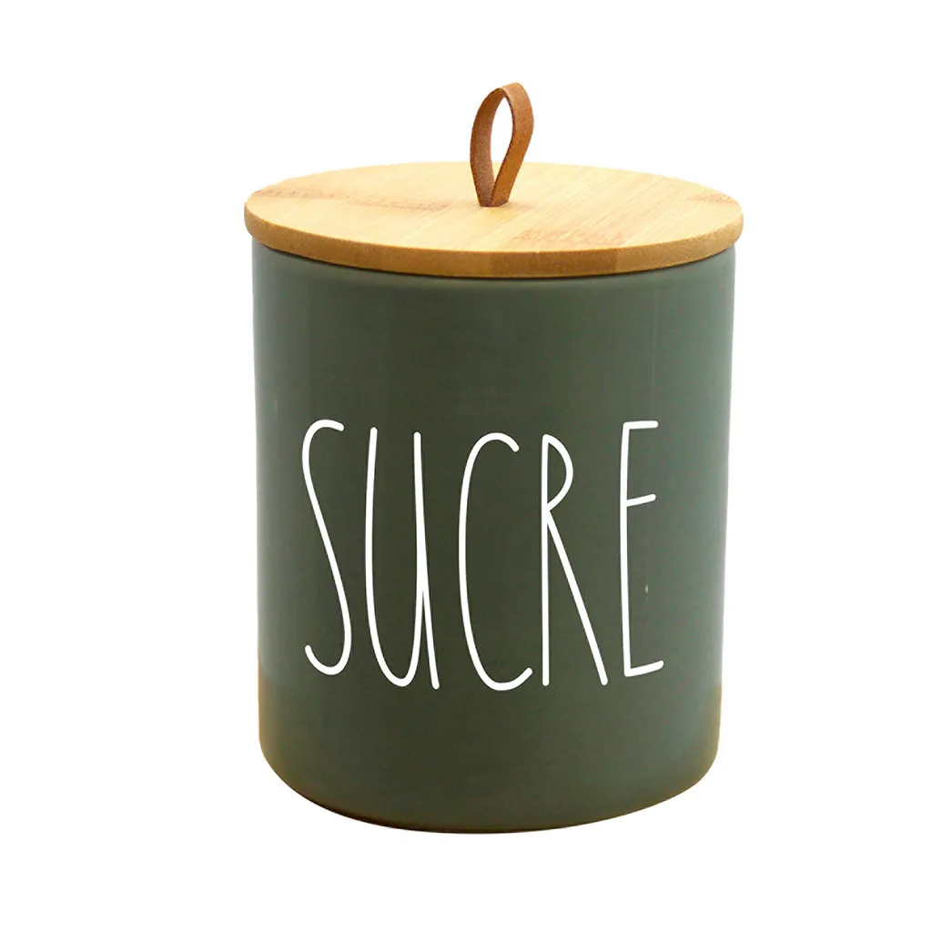 Pot à sucre céramique et couvercle bambou vert D 9.6x13cm 