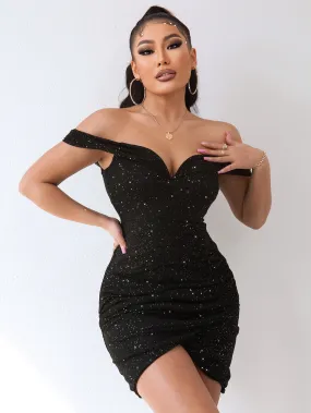 Robe de soirée noire à paillettes col v moulante épaules dénudées ⋆ Revenge Dress