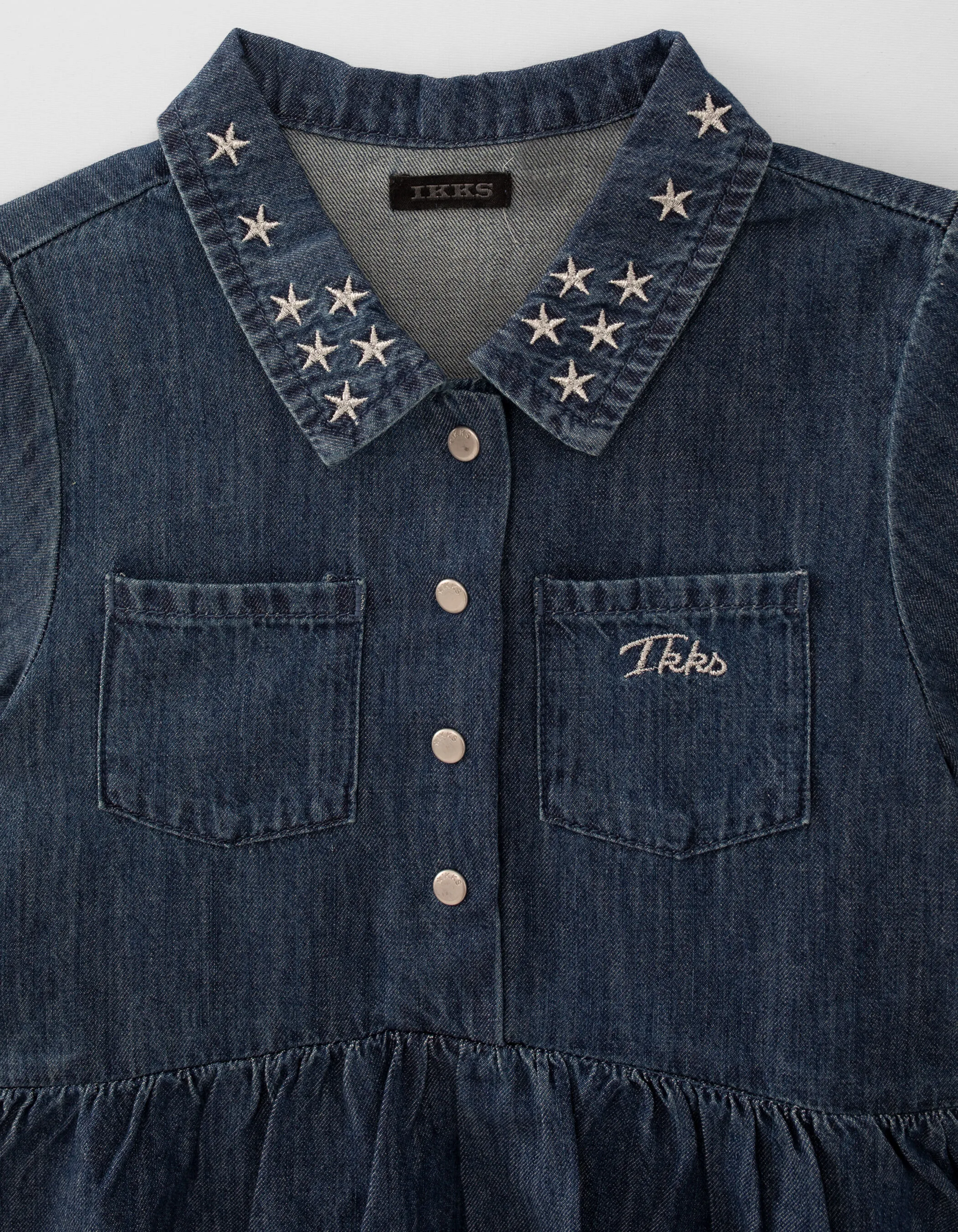 Robe en jean bleu coton bio col brodé étoiles fille