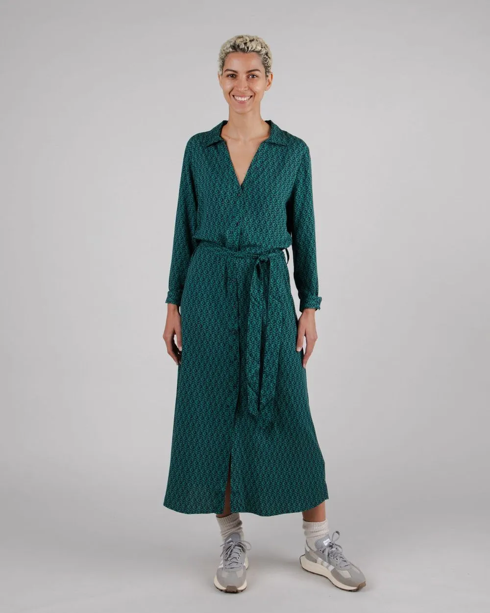 Robe longue en tencel | imprimé vert "sunflower vneck long sleeve dress navy" femme
