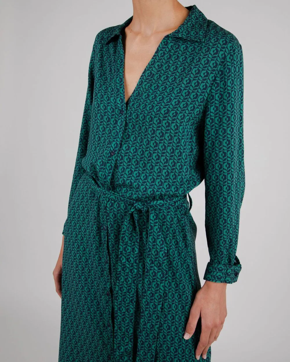 Robe longue en tencel | imprimé vert "sunflower vneck long sleeve dress navy" femme