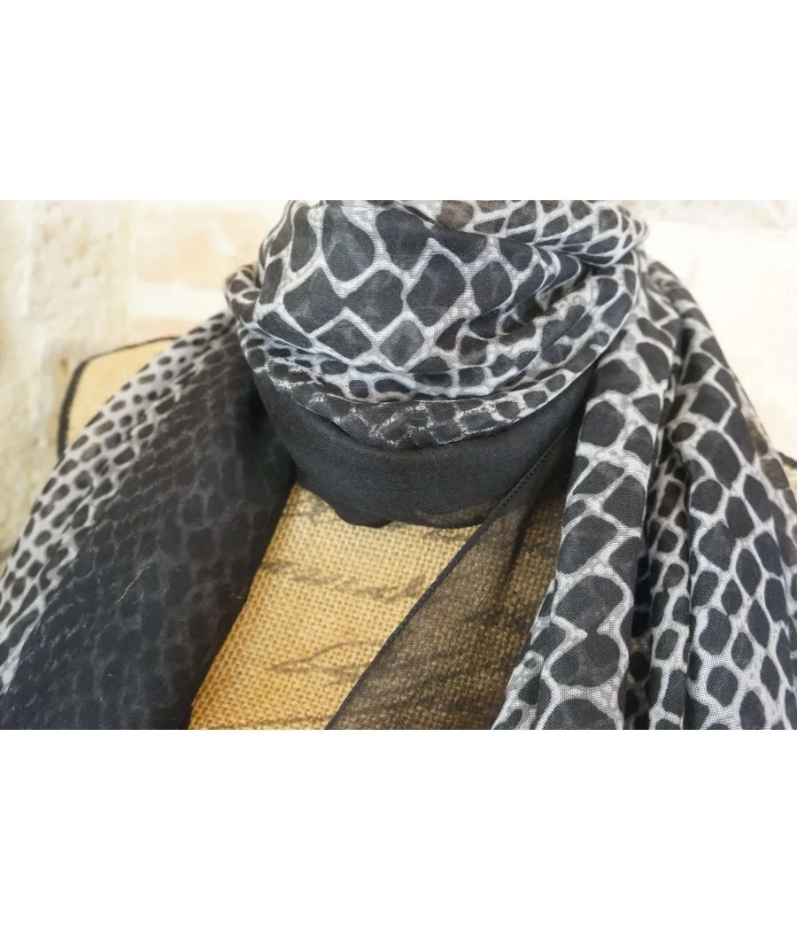 SANTAIA FOULARD FEMME ANIMAL ECAILLE NOIR GRIS BANDE UNIE NOIRE