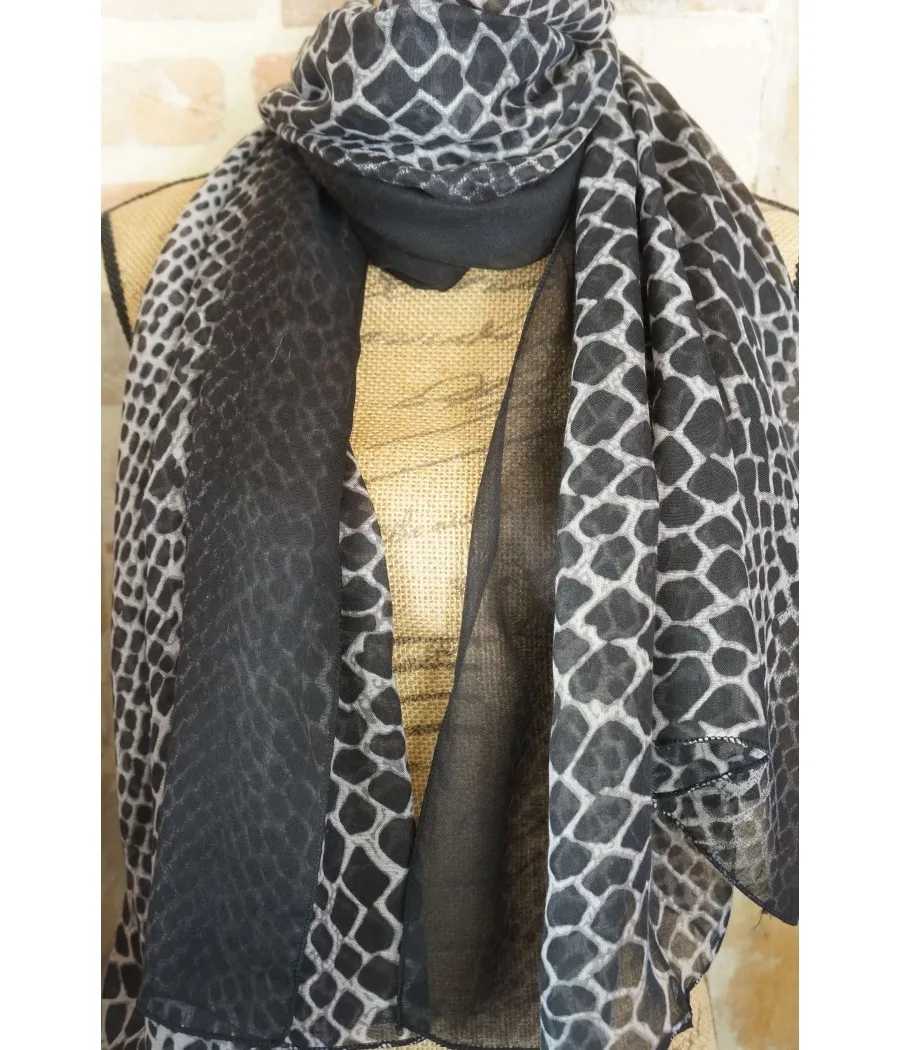 SANTAIA FOULARD FEMME ANIMAL ECAILLE NOIR GRIS BANDE UNIE NOIRE