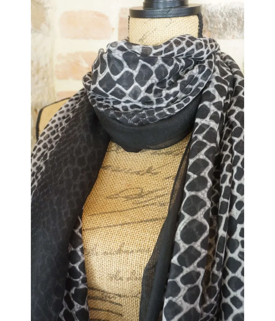 SANTAIA FOULARD FEMME ANIMAL ECAILLE NOIR GRIS BANDE UNIE NOIRE