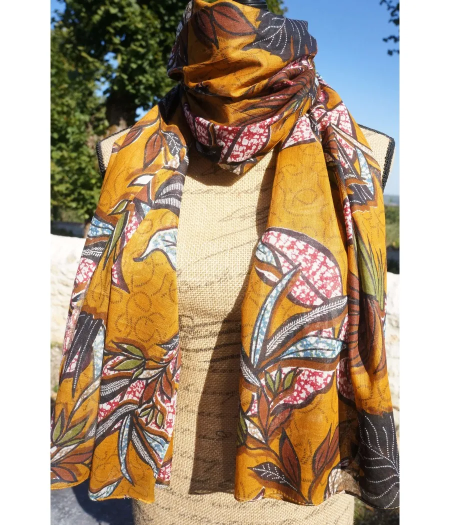 SANTAIA FOULARD FEUILLAGE BATIK  COTON OCRE JAUNE MARRON NOIR VERT
