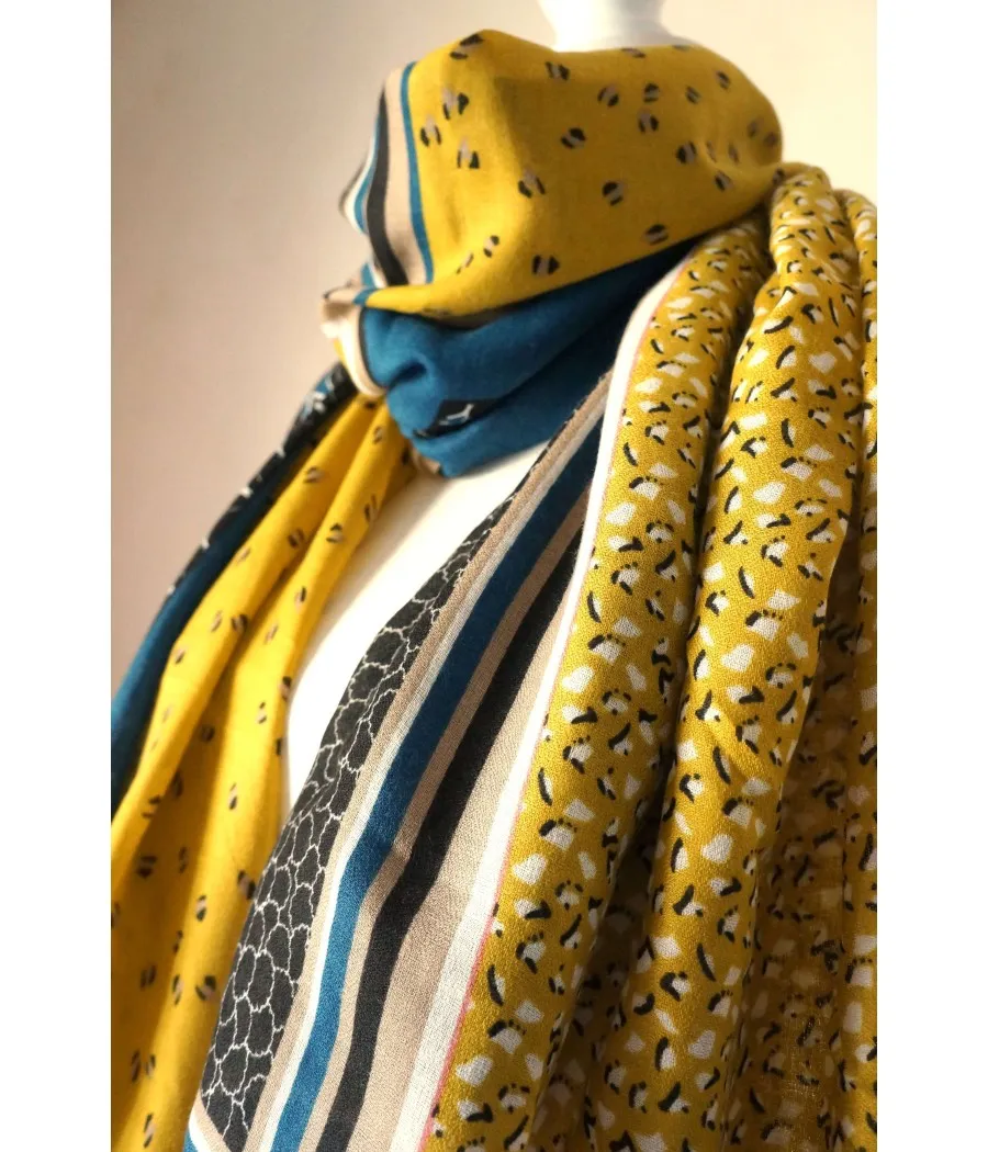 SANTAIA FOULARD ORIGINAL  PETITS MOTIFS ET BANDES JAUNE BLEU NOIR