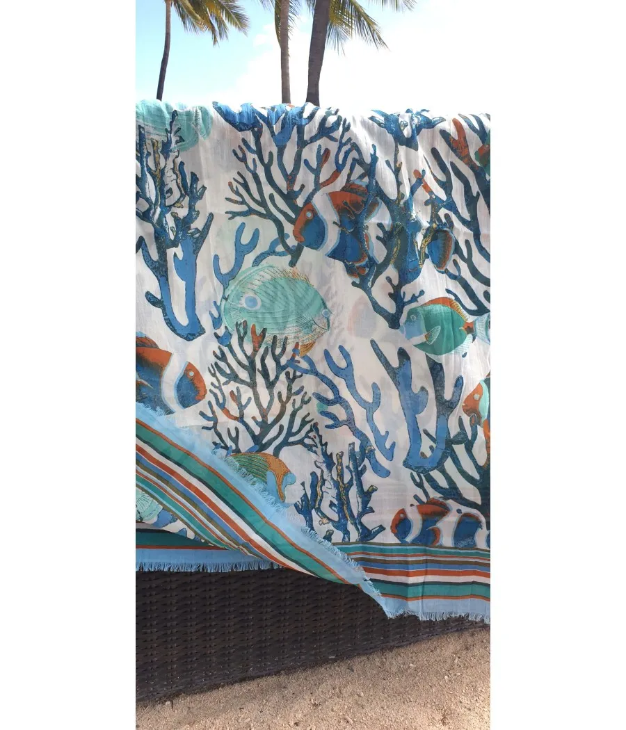 SANTAÏA FOULARD BRANCHE CORAIL POISSON BLEU TURQUOISE VERT ESPRIT MER