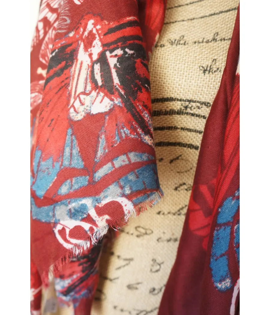 SANTAÏA foulard femme hiver bordeaux imprimé papillons stylisés bleus