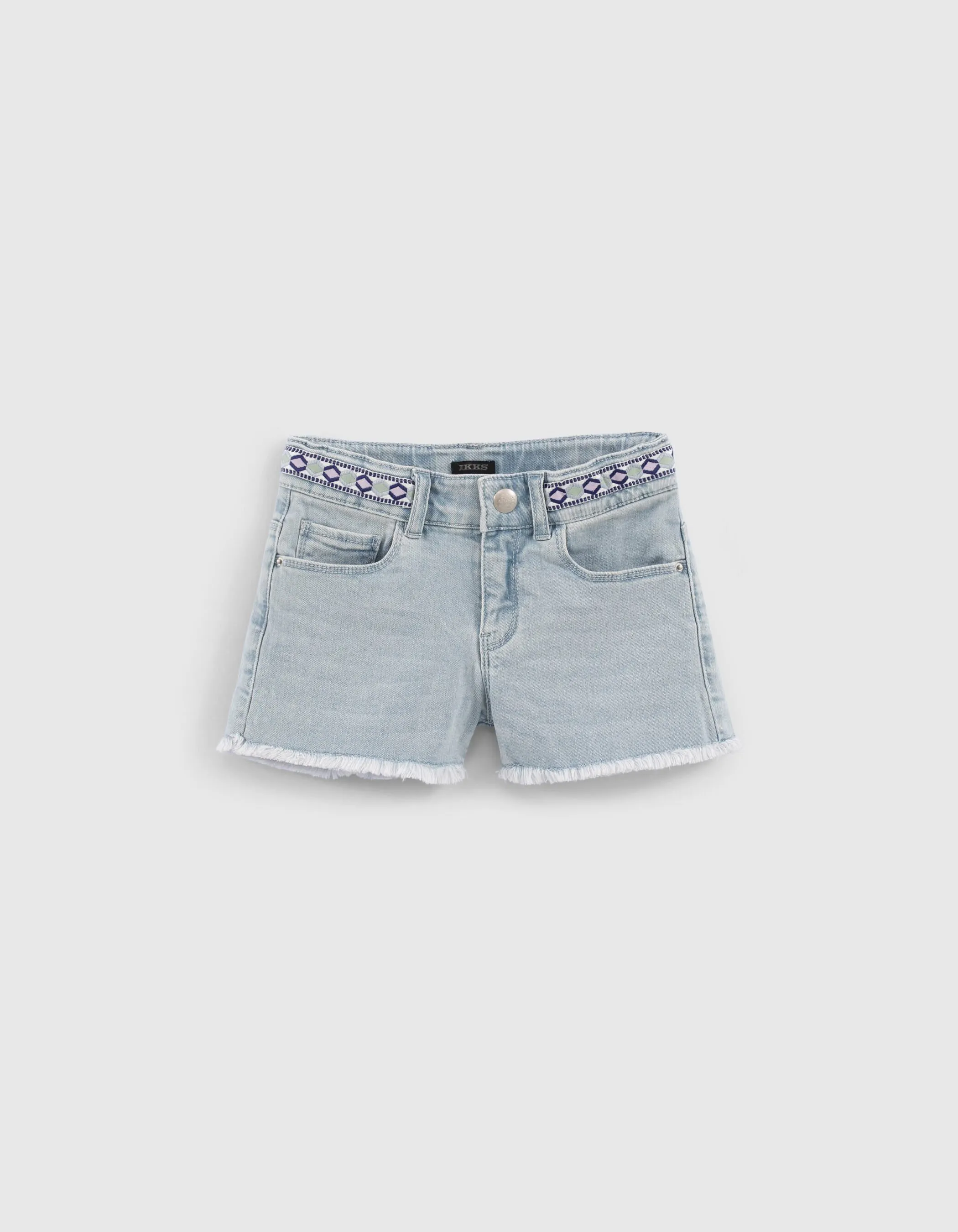 Short en jean bleu délavé coton bio galon brodé fille