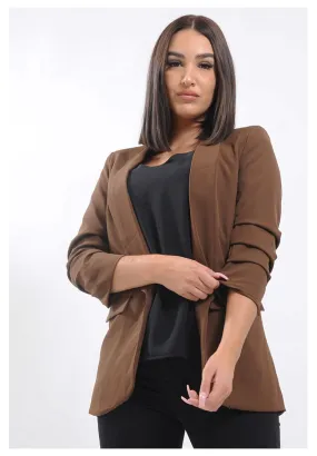 Veste blazer femme à manches froncées marron