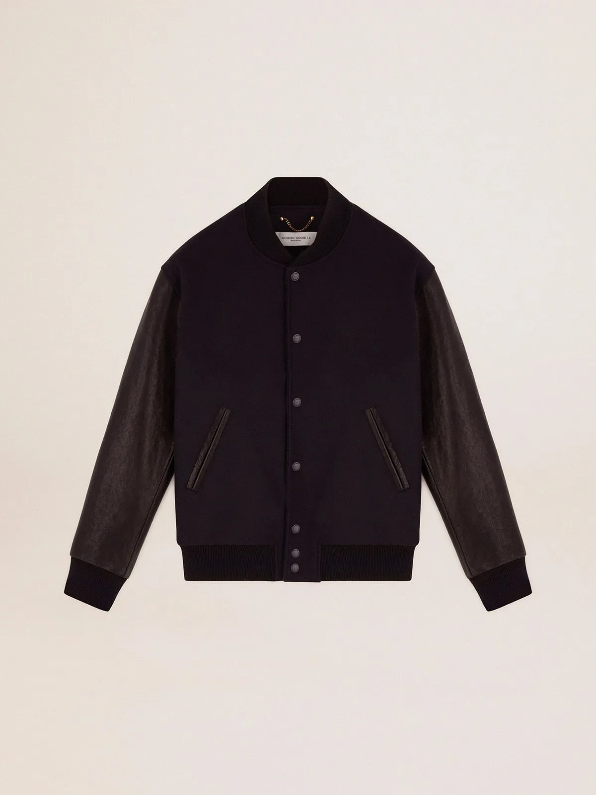Veste bomber pour homme en laine bleue et en cuir noir | Golden Goose