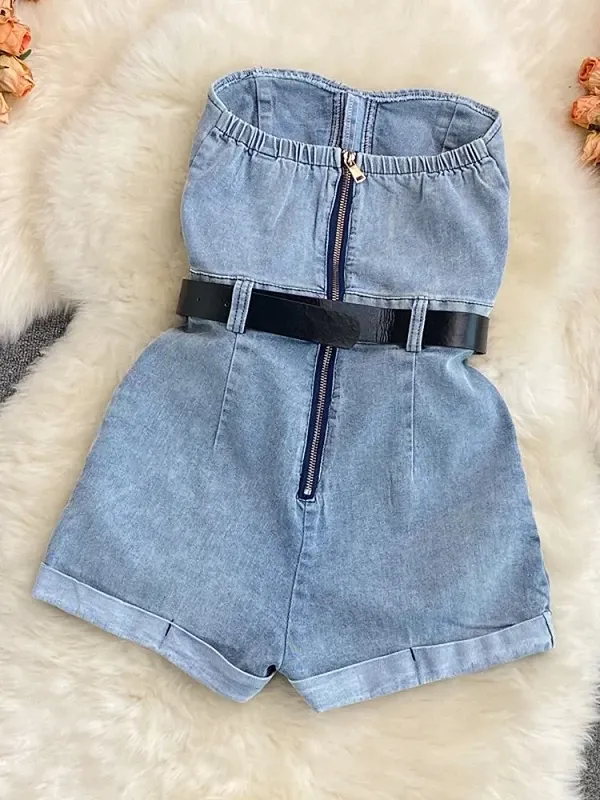 XFPV-Combinaison courte en denim sans bretelles pour femme, taille haute, short décontracté à jambes larges, barboteuse tendance